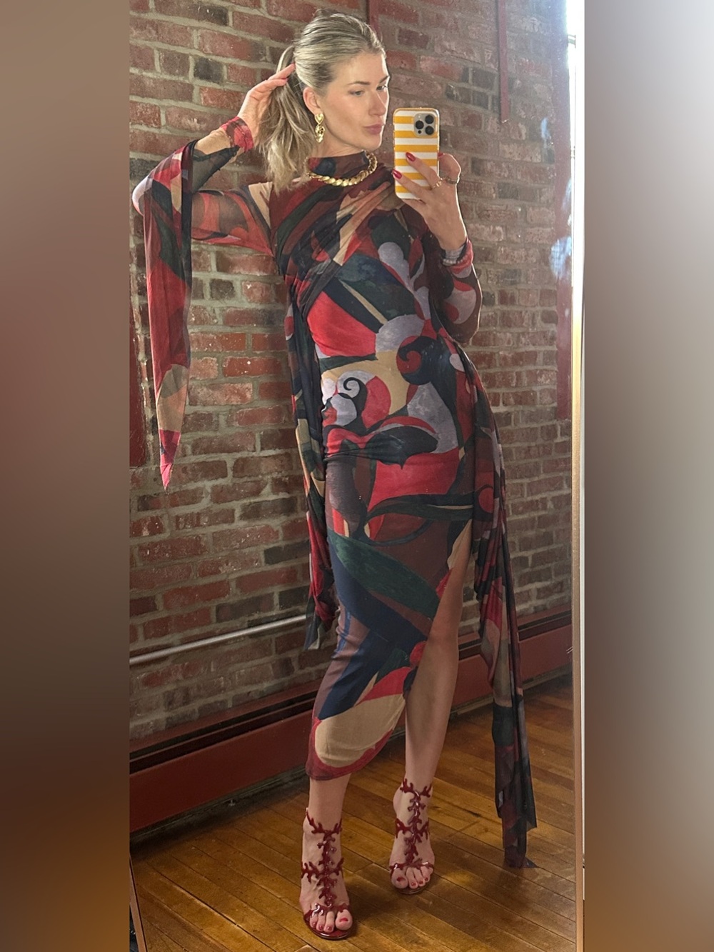 Andrea Iyamah Abstract Print Red Long Sleeve Midi Dress with High Slit
